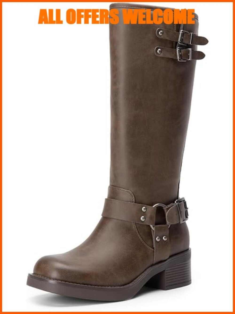 Women's Knee High Combat Boots Lace Up Adjustable Buckles Chunky Low Heel Side